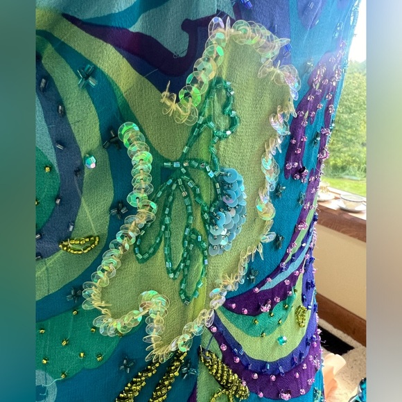 Vintage Cache Turquoise 🦋 Purple Lime Beaded Sequin Cocktail Dress Sz 12 Halter - Picture 9 of 16